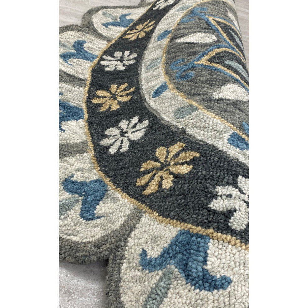 5" Round Gray Border Floral Medallion Area Rug