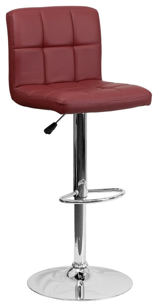 Contemporary Burgundy Quilted Vinyl Adjustable Barstool With Chrome Base