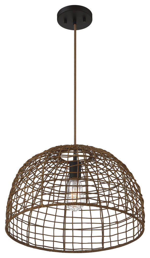 1-Light Pendant, Black With Natural Brass Accents, Dark Rattan