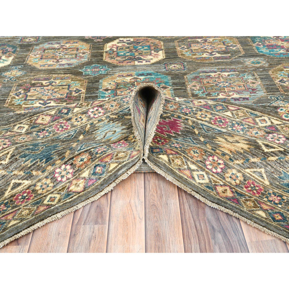 Sage Green, Hand Knotted Afghan Super Kazak Pure Wool Oriental Rug, 8'9"x11'7"
