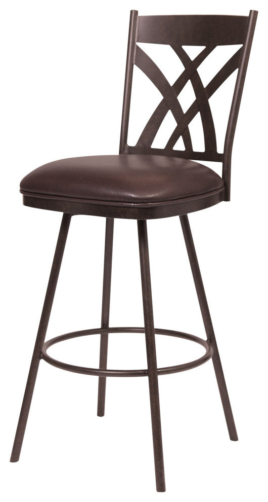 26" Stylish Brown Faux Leather Brown Metal Lattice Back Swivel Bar Stool