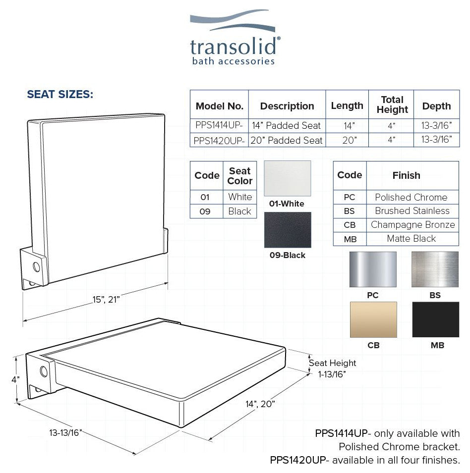 Transolid PPS1414UP-01PC Preston 14x14  FlipUp Seat, White/Polished Chrome