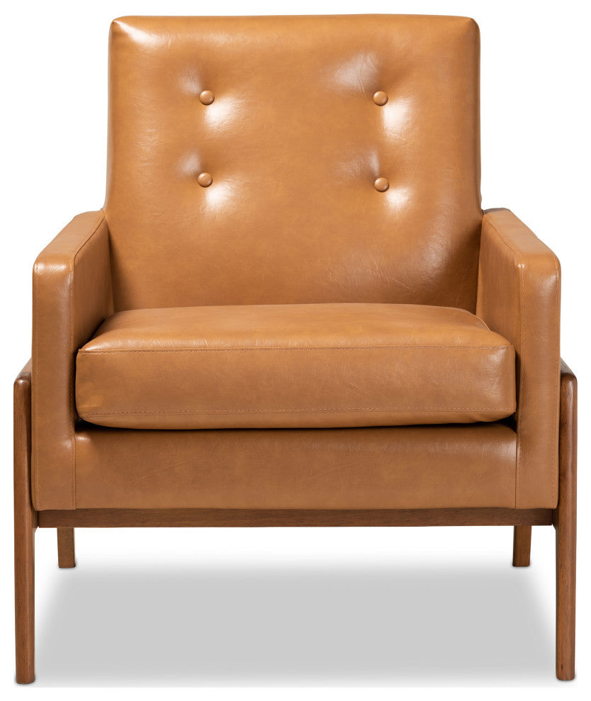 Yivi Mid-Century Tan Faux Leather and Walnut Brown Wood Lounge Chair