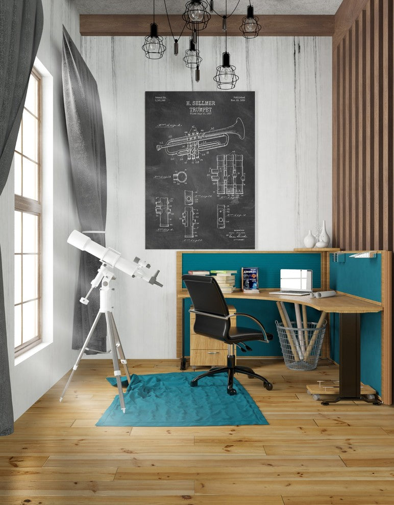 Epic Graffiti "Trumpet Blueprint Patent Chalkboard" Giclee Canvas Art, 26"x40"