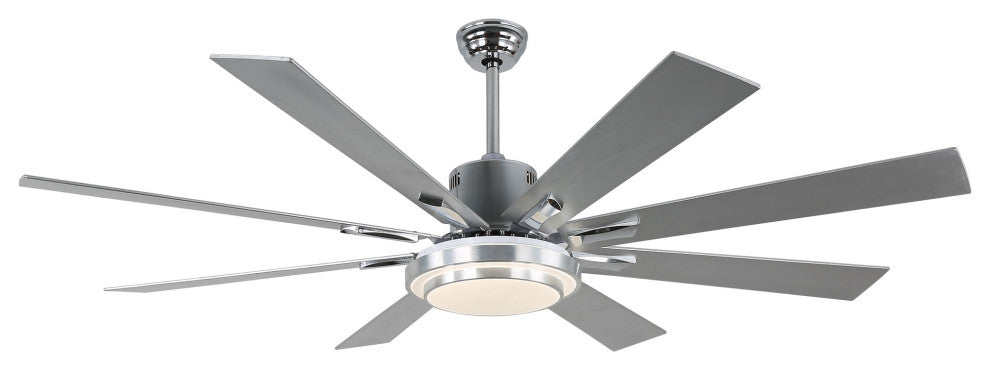 72" Modern Ceiling Fan with Reversible Blades, Dimmable Light and Remote, Chrome, 72"