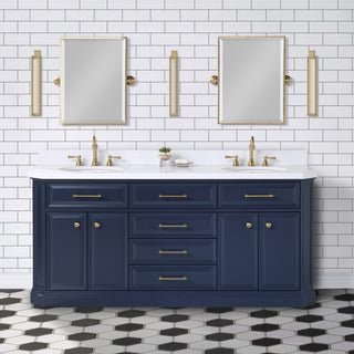 Palace 72 In. Double Sink White Quartz Countertop Vanity with Mirror, Blue