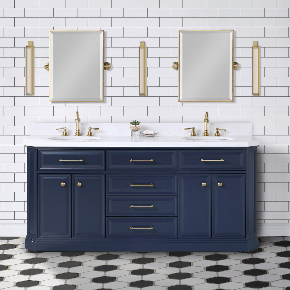 Palace 72 In. Double Sink White Quartz Countertop Vanity with Mirror, Blue