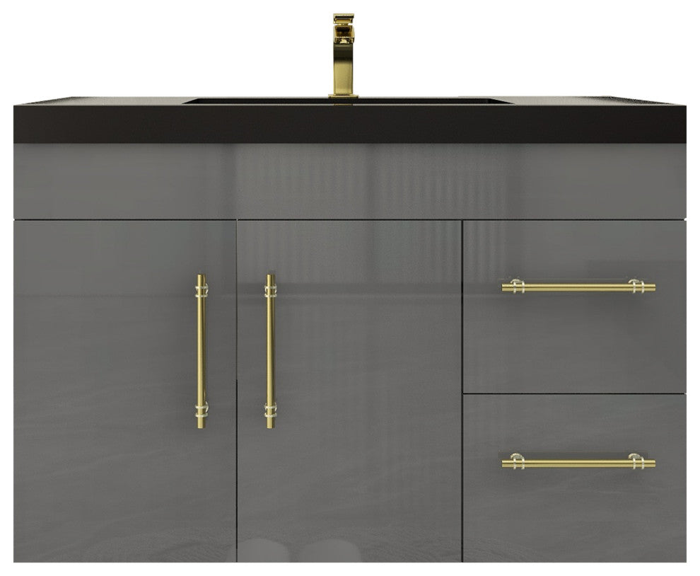 Rosa 36" Wall Mounted Modern Vanity, High Gloss Gray, Matt Black Top