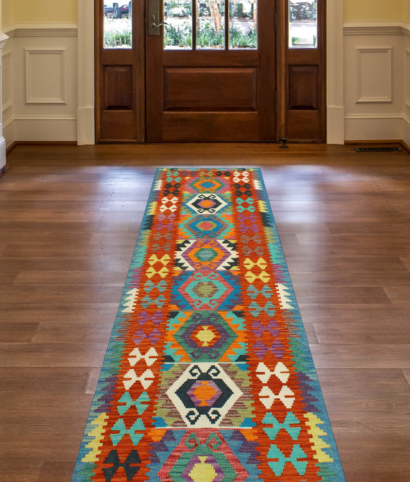 Flatweave Malik Red/Navy Runner, 2'7x9'11