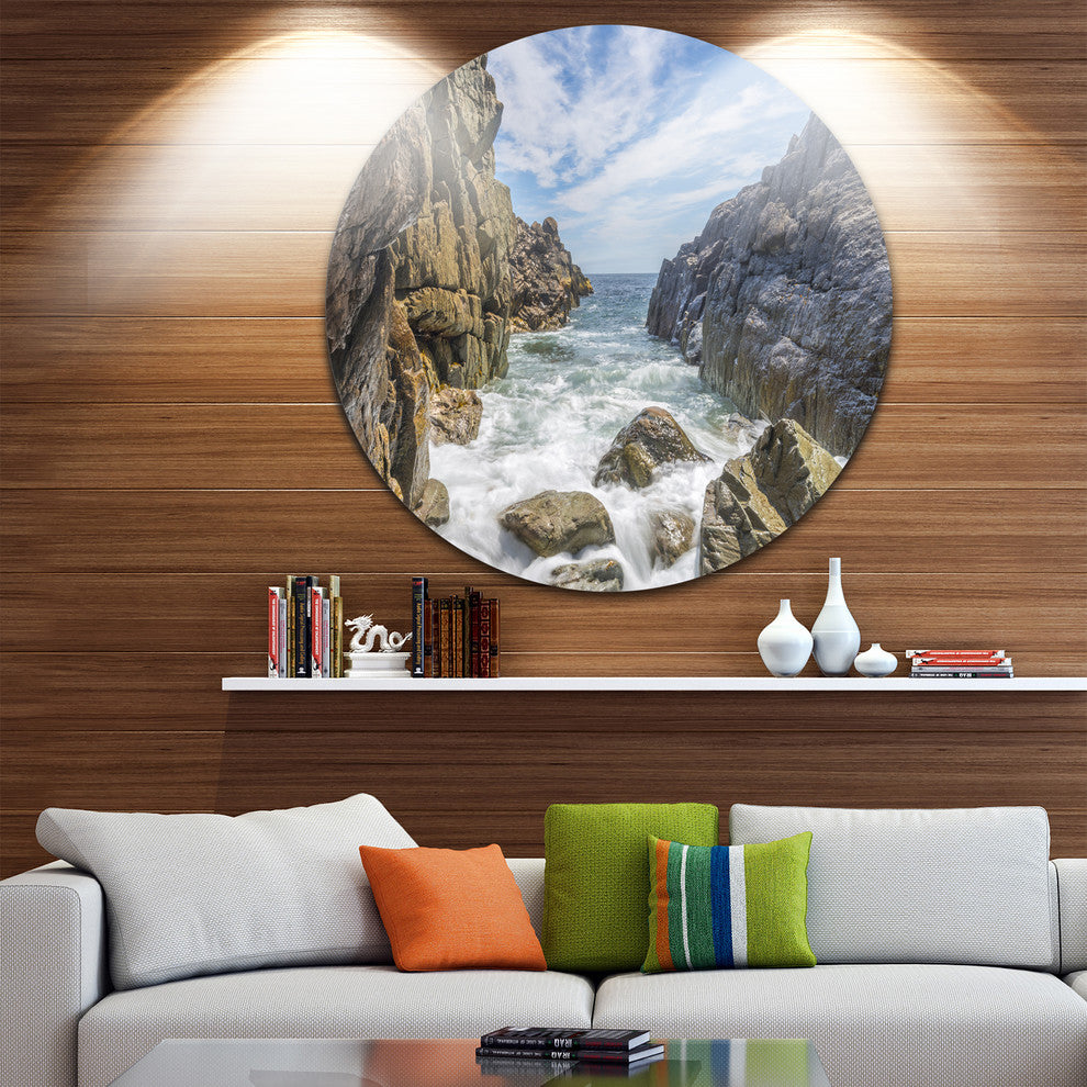 Sea Waves Hitting Rocky Shore, Seascape Round Metal Wall Art, 36"