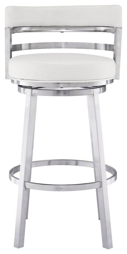 39" White And Silver Faux Leather Swivel Low Back Bar Height Chair With Footrest