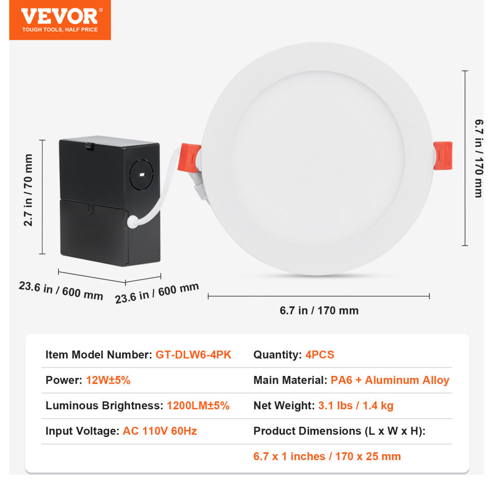 VEVOR LED Recessed Light 4 Pack Canless Ceiling Wafer Downlight 1200LM Dimmable