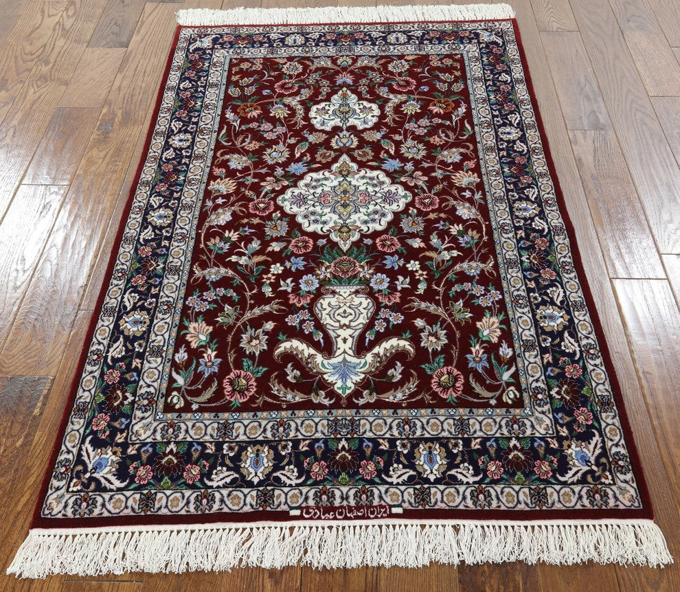 Authentic Persian Isfahan Signed Wool and Silk Hand Knotted Rug, 4'x5'