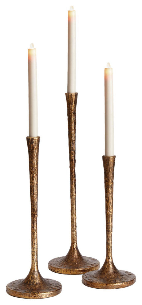 Tall Cast Metal Set Three Gold Candlesticks Taper Candle Holder Elegant Slim