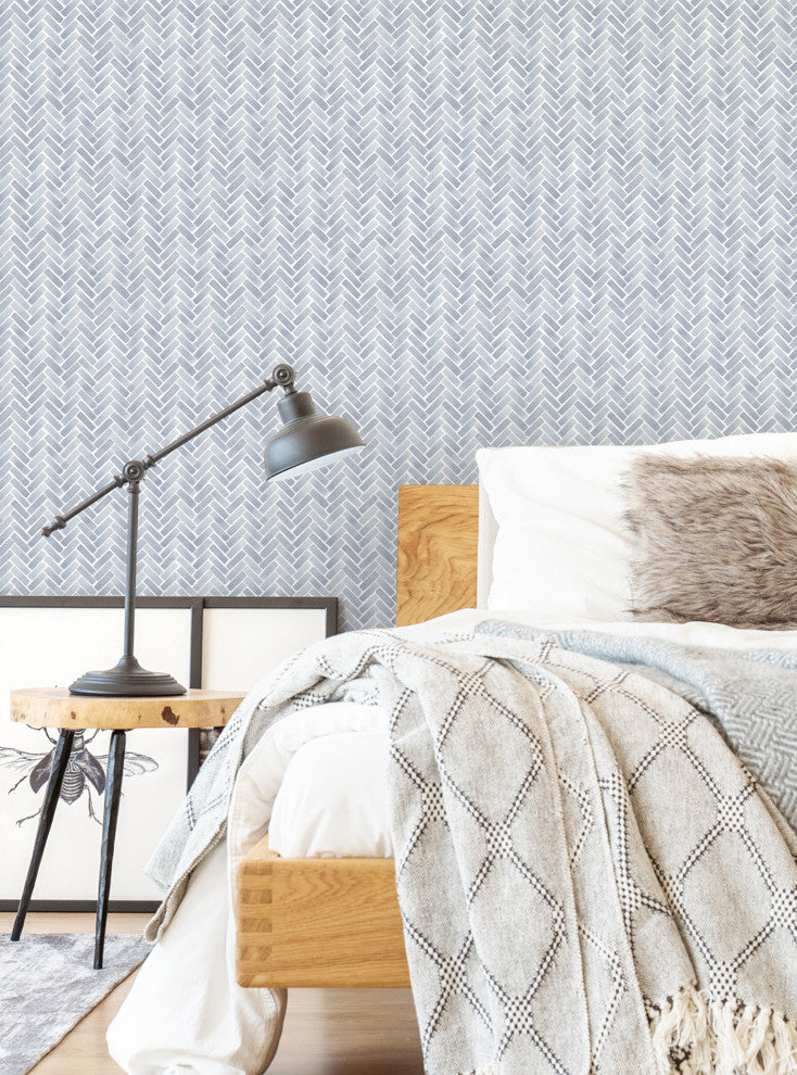 Watercolor Herringbone Peel and Stick Vinyl Wallpaper, Van Deusen Blue, 24"w X 108"h