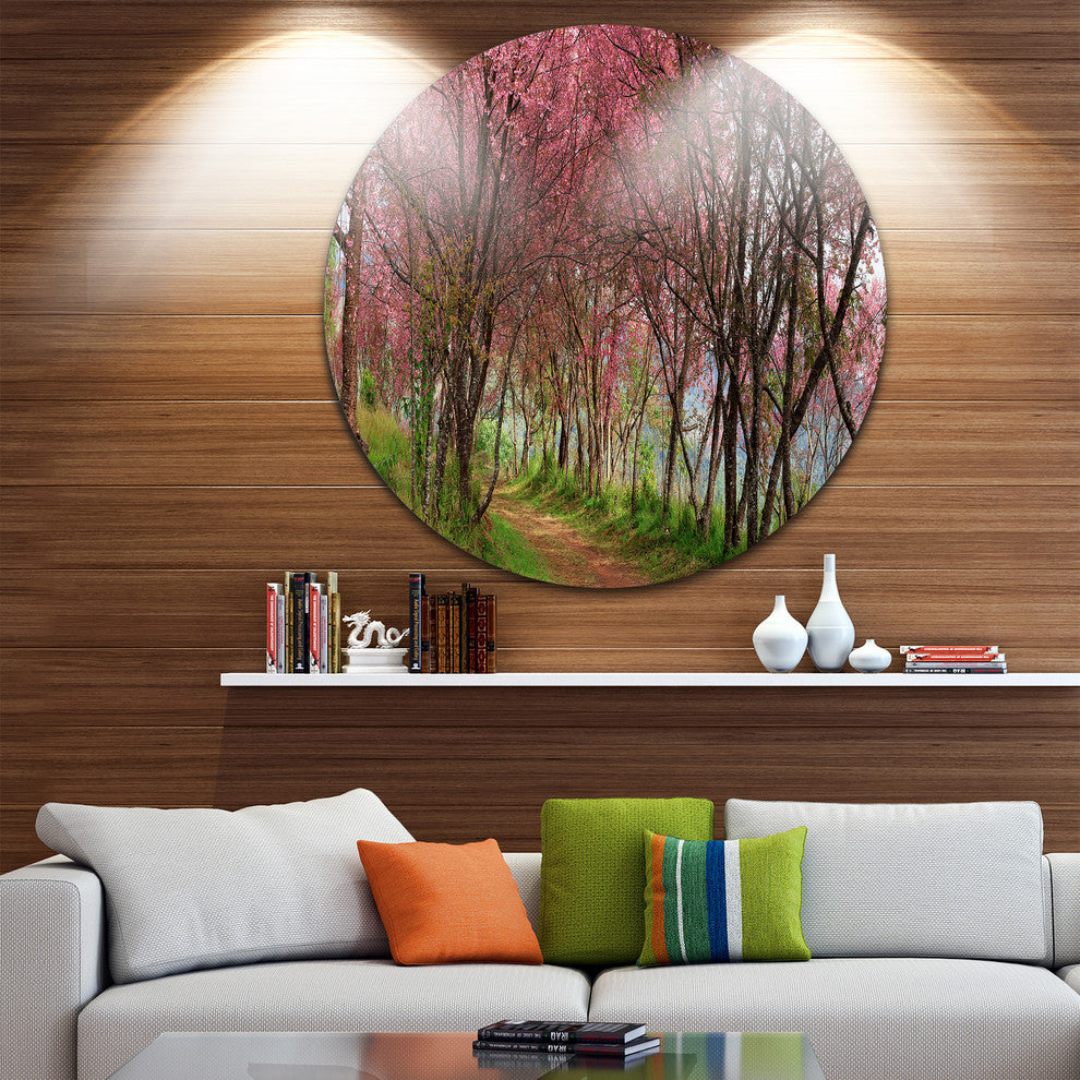 Sakura Pink Flowers In Thailand, Landscape Round Wall Art, 23"