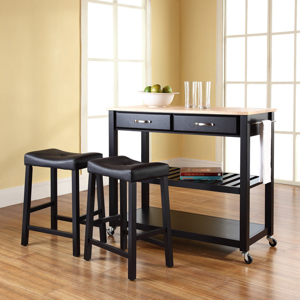 Natural Wood Top Kitchen Cart/Island in Black Finish With 24" Upholstered Saddl