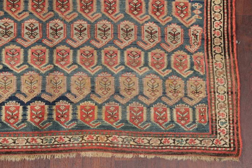 Consigned, Antique Vegetable Dye Handmade Geometric Oriental Area Rug, Blue, 5X7