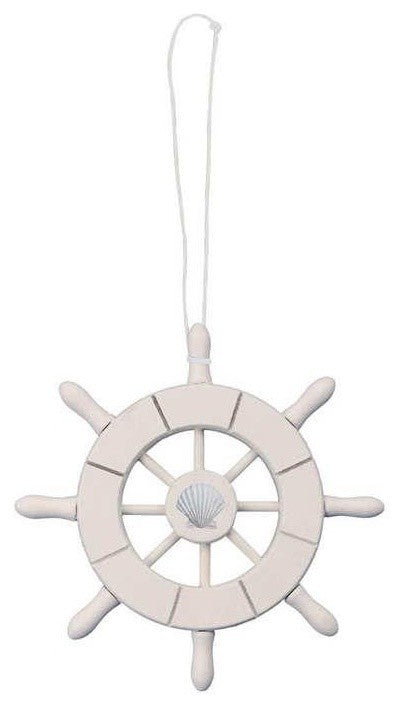 White Decorative Ship Wheel With Seashell Christmas Tree Ornament 6''