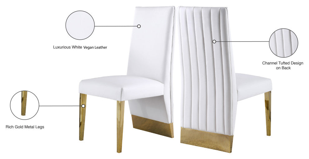 Porsha Dining Chair, Set of 2, White Faux Leather, Gold Legs