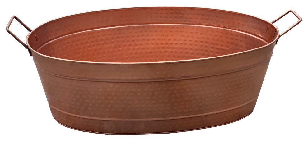 Benzara BM195214 Oval Hammered texture Metal Tub With 2 Side Handles, Copper