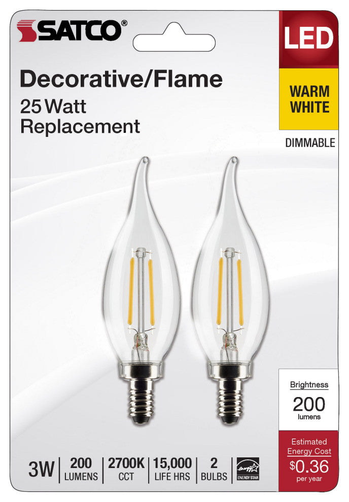 3W CA10 LED, Clear, Candelabra Base, 2700K, 200 Lumens, 120V, 2-Pack