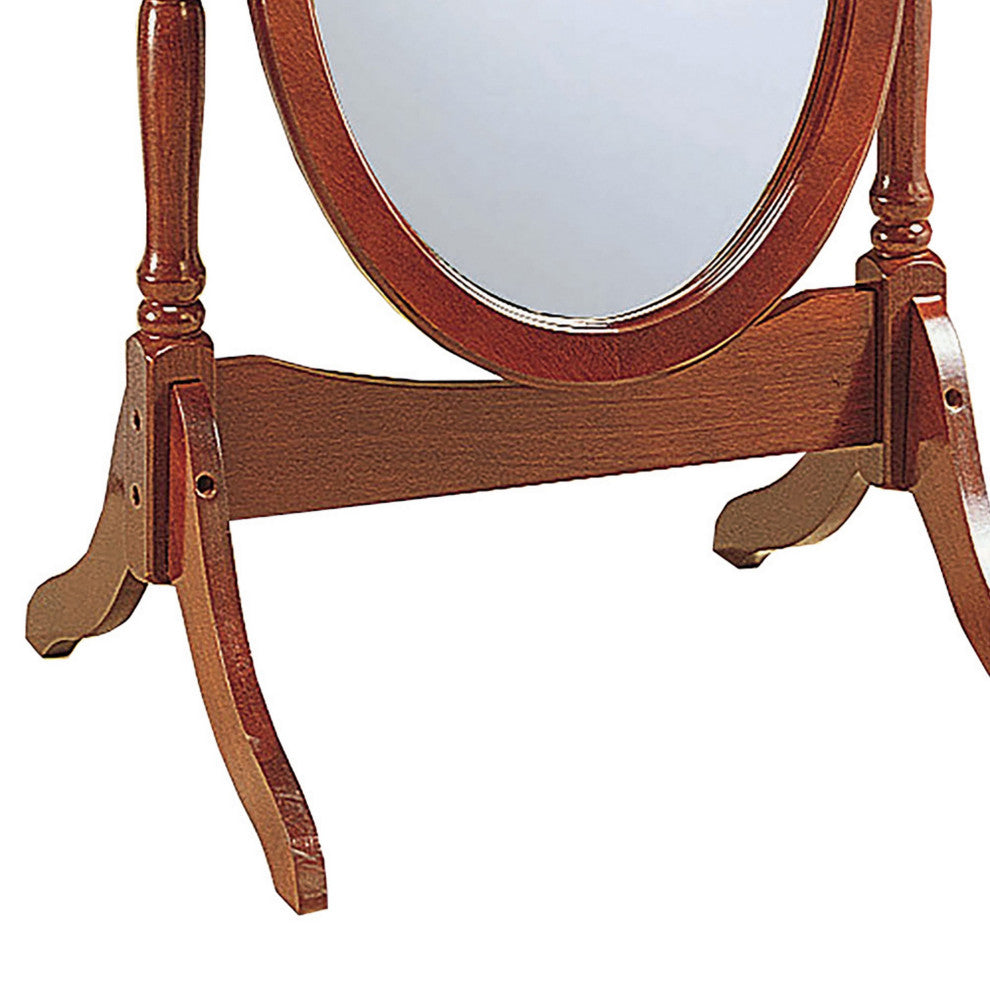 Benzara BM242736 Standing Cheval Mirror With Oval Frame Turned Posts, Brown