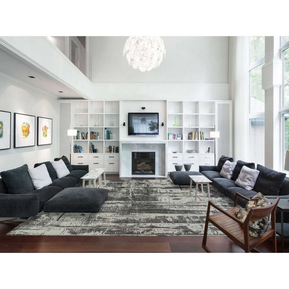 Black, Modern Design, Wool and Silk, Hand Loomed, Oversized, Rug, 12'0" x 18'1"