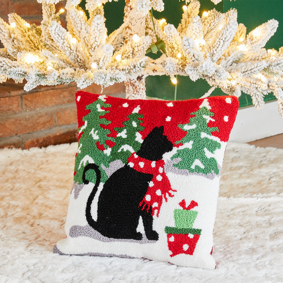 14"L Hooked Christmas Cat Pillow