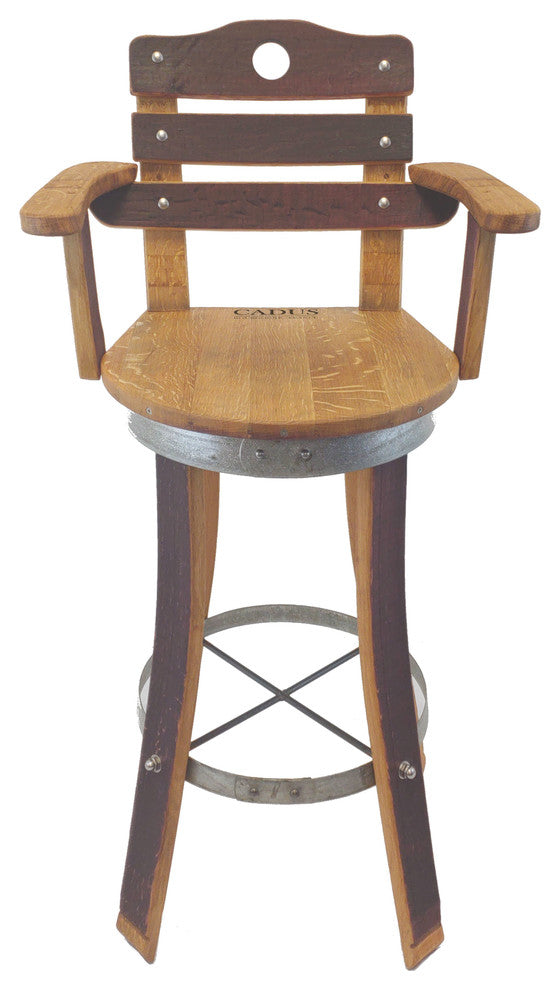 Swivel Top Wine Barrel Bar Stool With Stave Backrest, 30" Sit Height, Inverted Leg Style