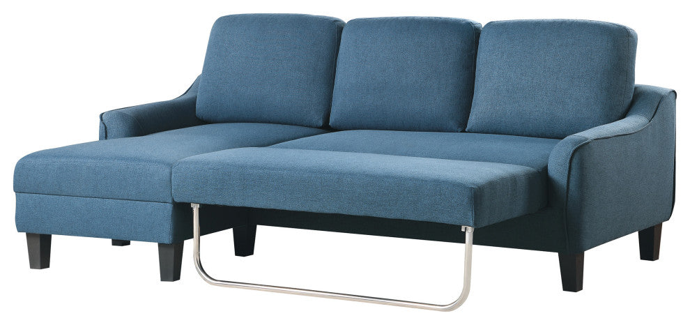 Lester Sofa With Chaise and Twin Sleeper, Blue fabric With Black legs