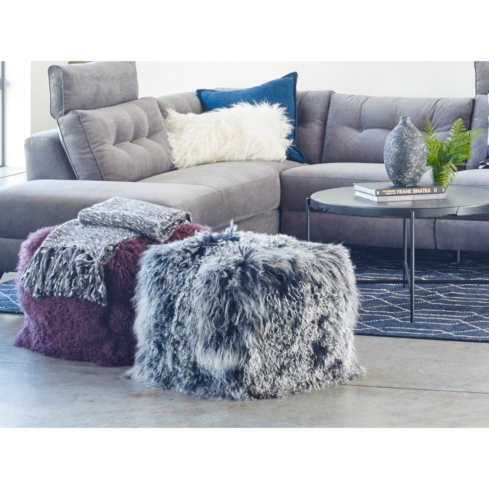 Contemporary Lamb Fur Pouf Black Snow - Black