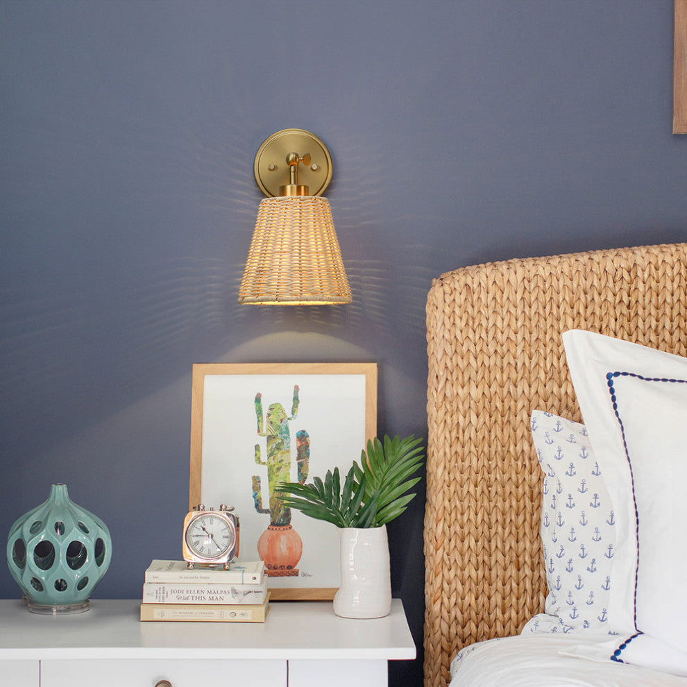 7" W 1-Light Natural Rattan Wall Sconce With Adjustable Swivel Swing Arm, Brass