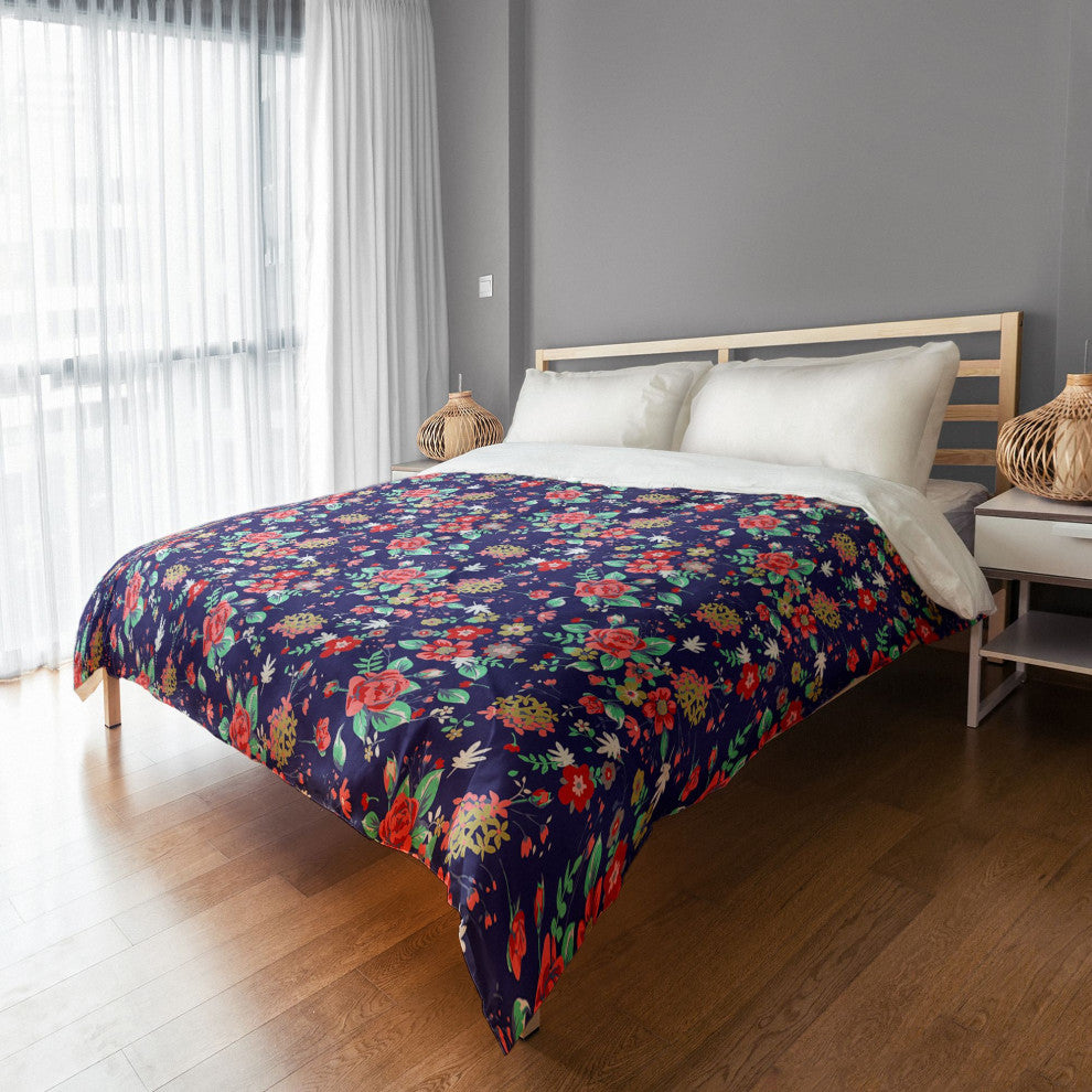 Navy Florals Queen Brushed Poly Duvet