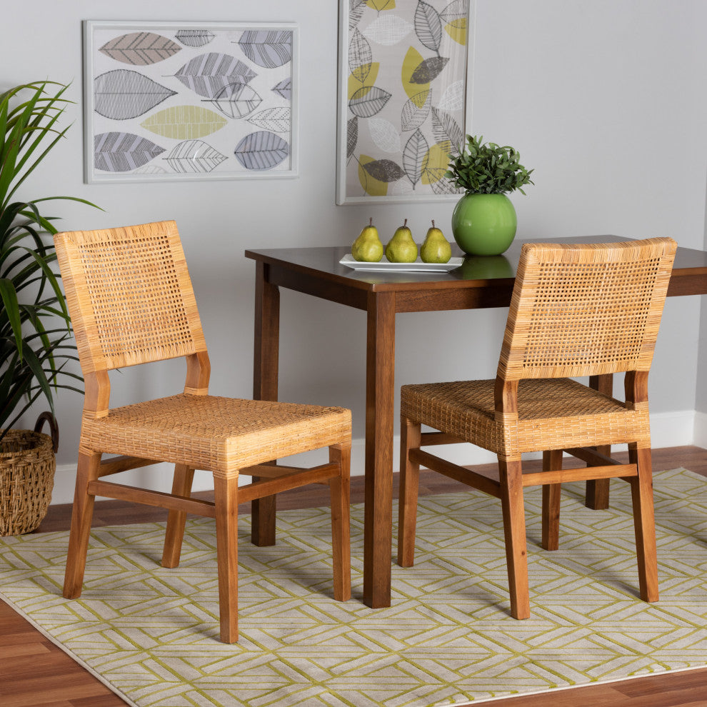 Lesia Bohemian Natural Brown Rattan, Walnut Brown Finish Wood Dining Chair Set