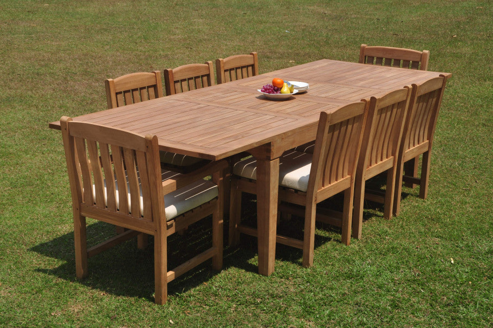 9-Piece Outdoor Teak Dining Patio Set: 122" Rectangle Ext Table, 8 Devon Chairs