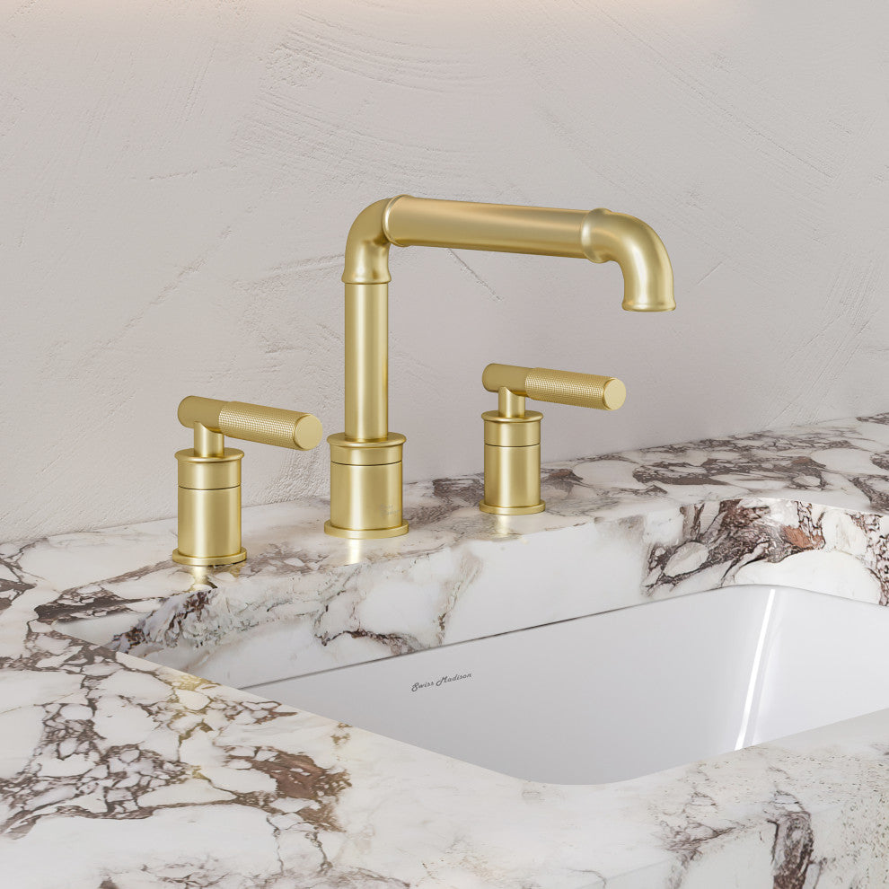 Avallon 8" Widespread, Sleek Handle, Bathroom Faucet, Brushed Gold