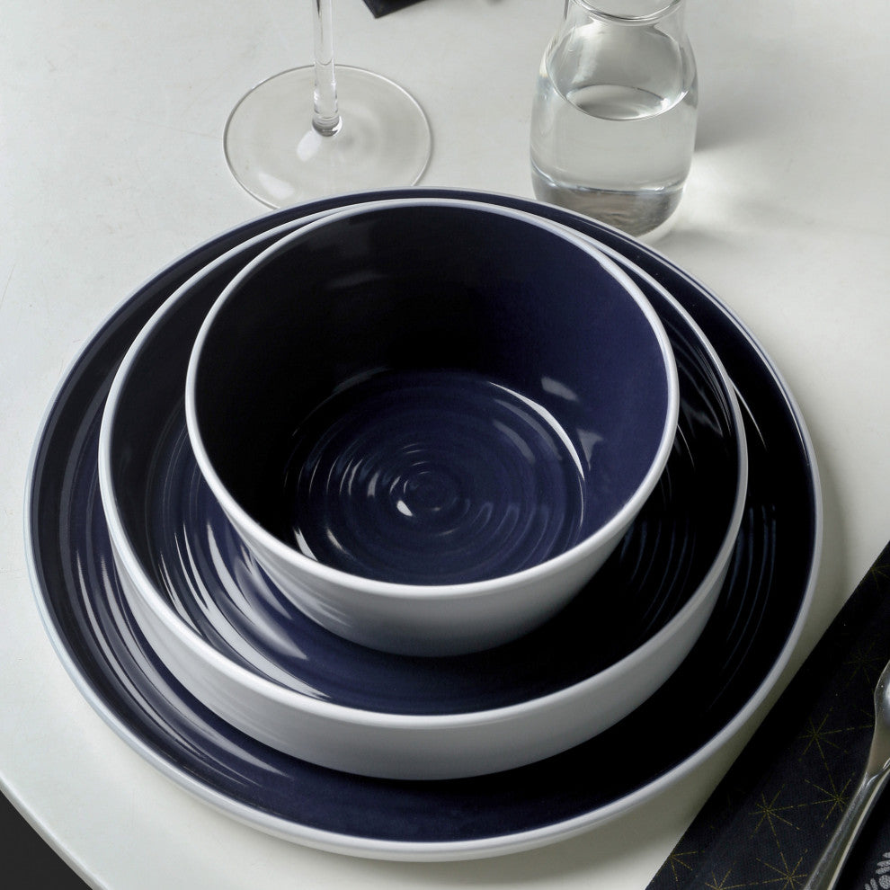 Stone Lain Elica Stoneware 24 Piece Dinnerware Set, Navy and White