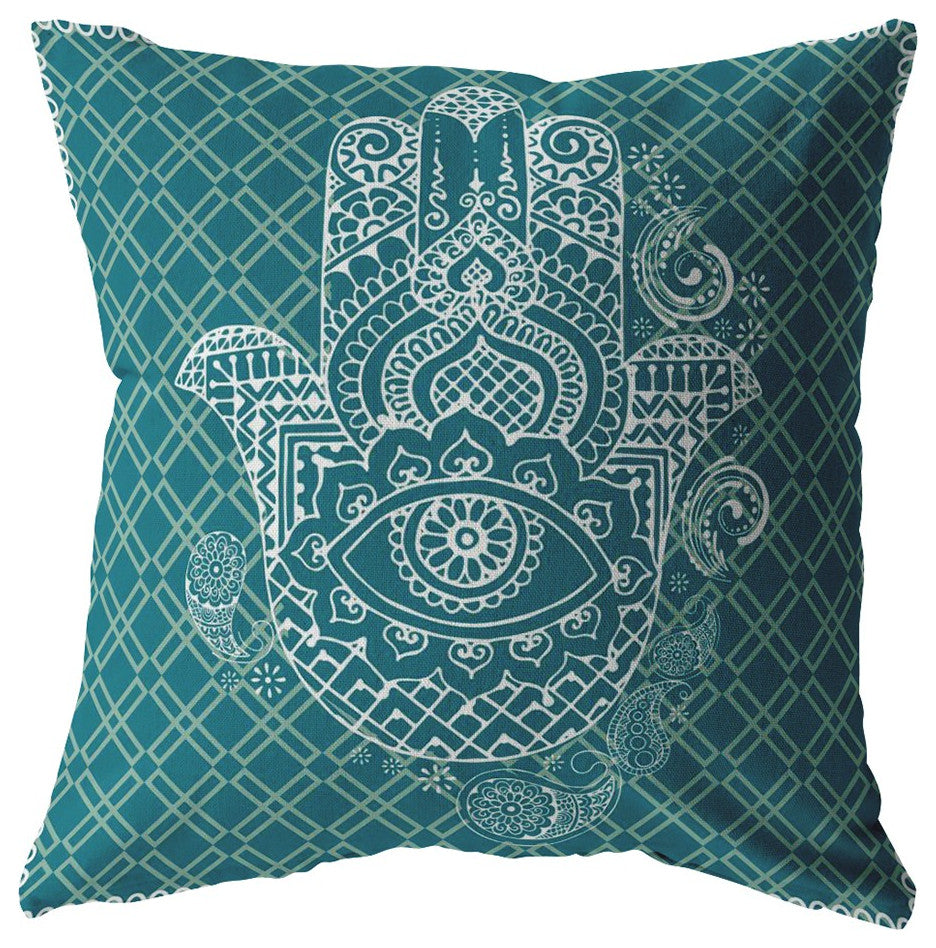 20 Teal White Hamsa Boho Suede Throw Pillow