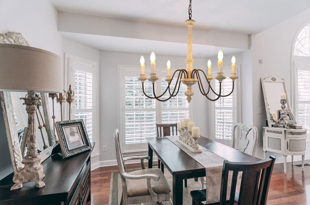 6 Light Candle Style Classic chandelier With Wood Accents