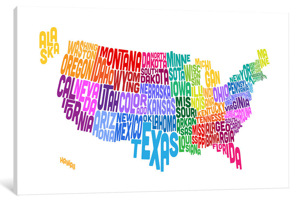 "USA (States) Typographic Map" by Michael Tompsett, Canvas Print, 40x26"