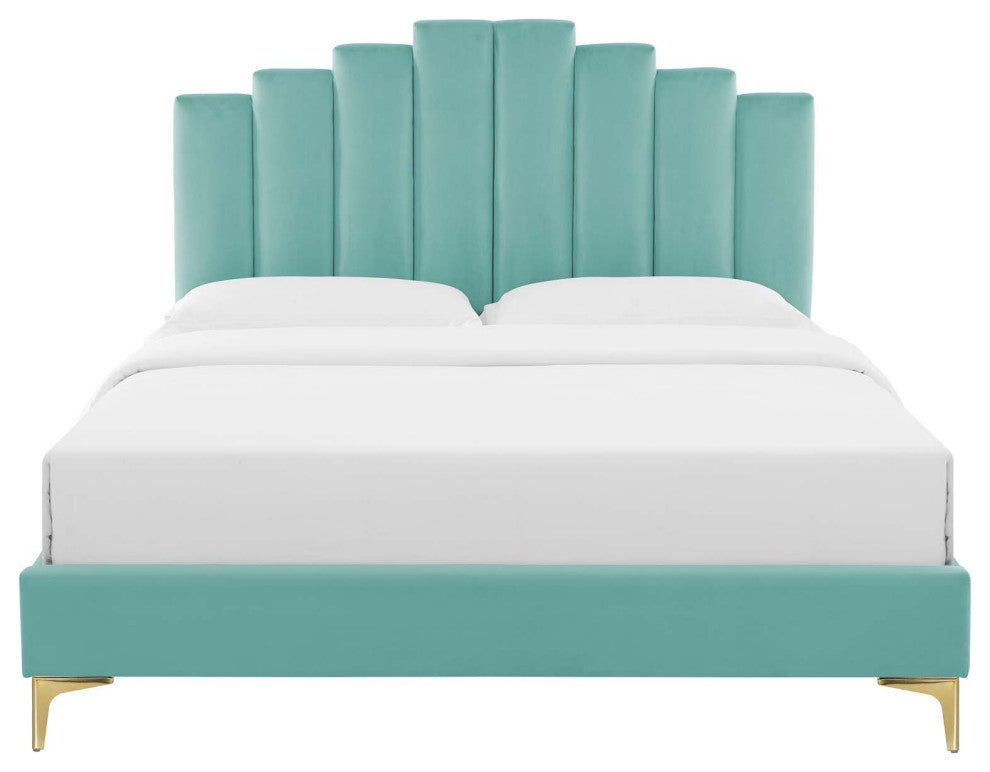 Platform Bed Frame, King Size, Velvet, Blue, Modern Contemporary, Bedroom Master