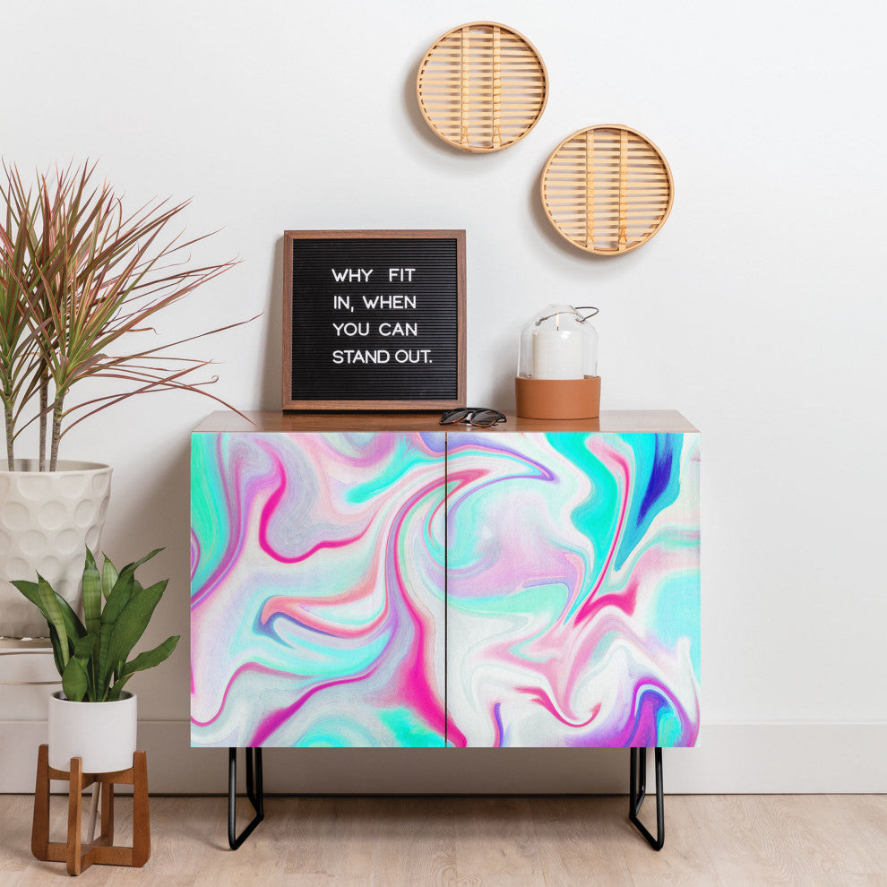 Deny Designs Liquid 3 Credenza, Walnut, Black Steel legs