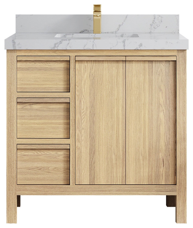 Elizabeth Oak 36" Center Sink Vanity, White 2" Venatino Quartz