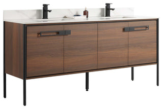 Oakville Bath Vanity, Ceramic Sink, Walnut Ebony, 72 Inch, Black Hardware