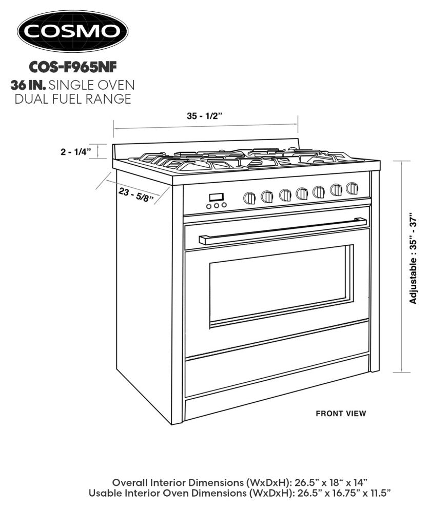 Cosmo Modern Dual-Fuel Range Convection Oven Pro Style High Powered