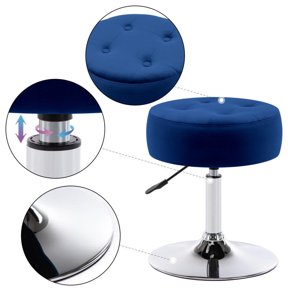Round Swivel Velvet Vanity Stool, Dark Blue, Standard