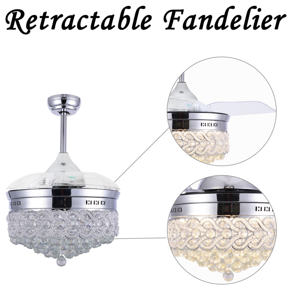 42" Modern Crystal Ceiling Fan with Lights and remote, Retractable Chandelier, Chrome, Neutral White (4000k)