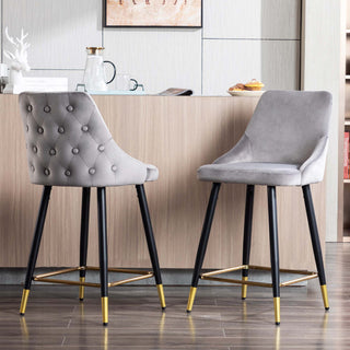 Set of 2 Button Tufted Velvet Bar Counter Stools, Grey, 24''