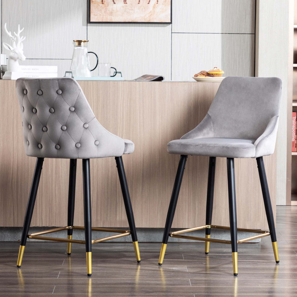Set of 2 Button Tufted Velvet Bar Counter Stools, Grey, 24''